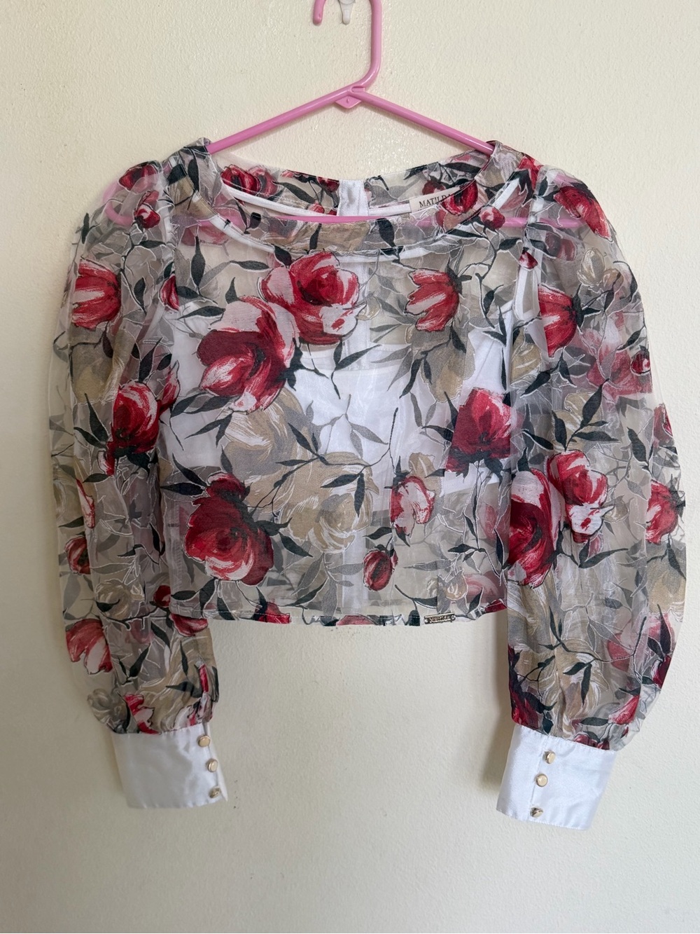 Sheer Red Floral Puff-Sleeve Blouse with White Cuffs